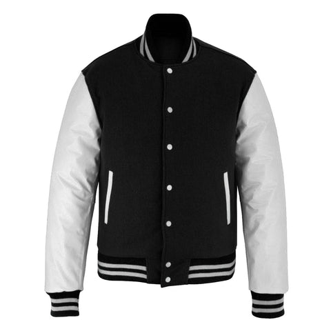 Classic Varsity Letterman Jacket Black Wool With White Genuine Leather Sleeves