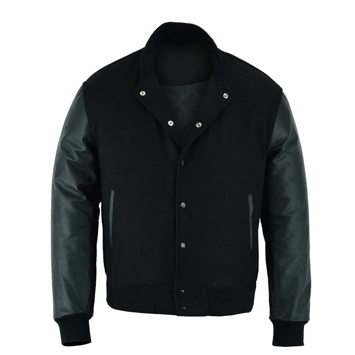 Black-wool-Black-leather-sleeve-varsity-jacket