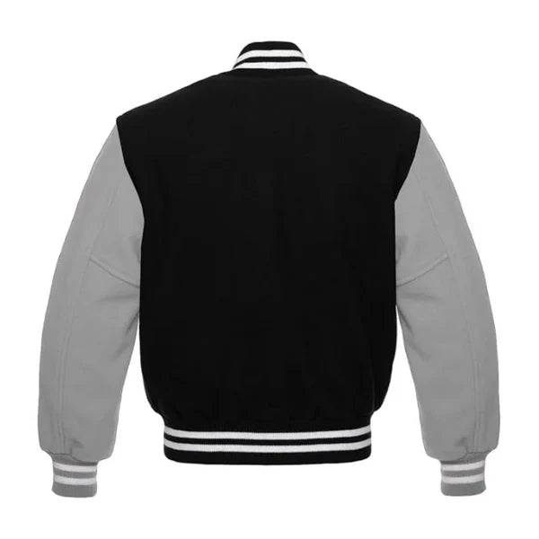 Custom Black and Grey All Wool Varsity Jacket Back view of a varsity-style jacket with a black body and light gray sleeves, featuring white striped ribbing on the collar, hem, and cuffs.
