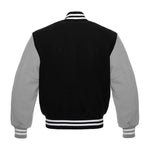 Custom Black and Grey All Wool Varsity Jacket Back view of a varsity-style jacket with a black body and light gray sleeves, featuring white striped ribbing on the collar, hem, and cuffs.