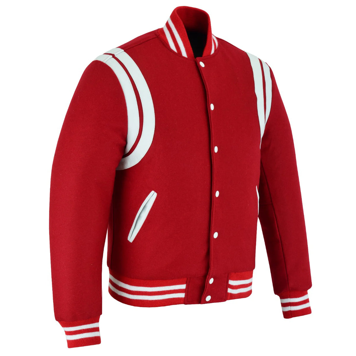 Classic Varsity Letterman Baseball College Jacket Red Wool with White Double Leather Strip