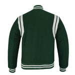 Classic Varsity Letterman Baseball College Jacket Forest Green Wool with White Double Leather Strip