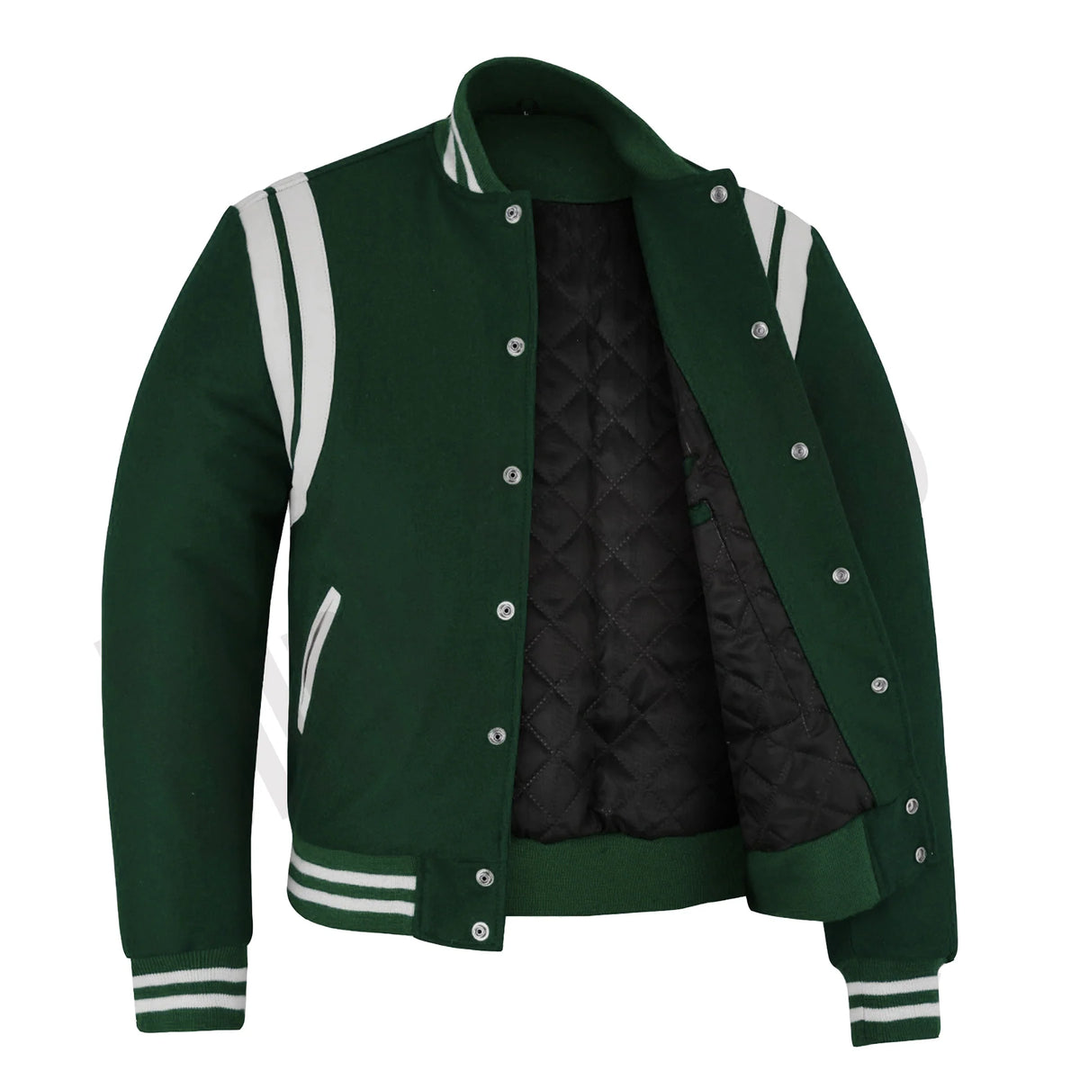 Classic Varsity Letterman Baseball College Jacket Forest Green Wool with White Double Leather Strip