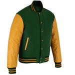 Classic Varsity Letterman Jacket Forest Green Wool with Gold Genuine Leather Sleeves and trims