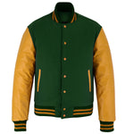 Classic Varsity Letterman Jacket Forest Green Wool with Gold Genuine Leather Sleeves and trims
