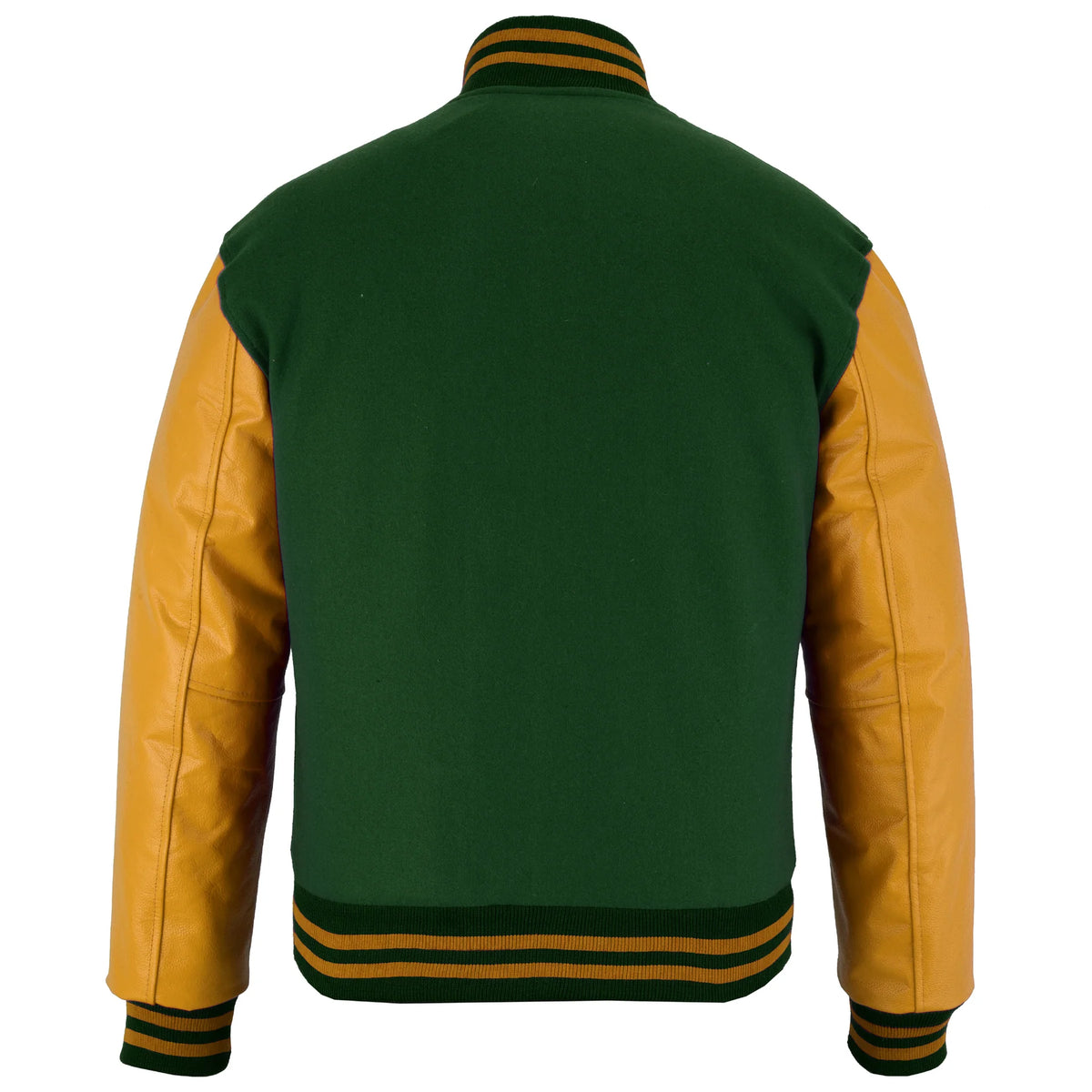 Classic Varsity Letterman Jacket Forest Green Wool with Gold Genuine Leather Sleeves and trims