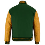 Classic Varsity Letterman Jacket Forest Green Wool with Gold Genuine Leather Sleeves and trims