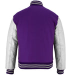 Custom Purple Wool with White Genuine Leather Sleeves and trims Baseball Bomber Jacket