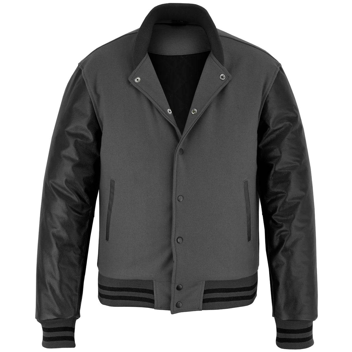 Customized Varsity Letterman Jacket Dark Grey Wool with Black Genuine Leather Sleeves and trims