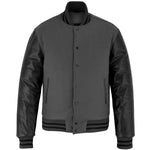 Customized Varsity Letterman Jacket Dark Grey Wool with Black Genuine Leather Sleeves and trims