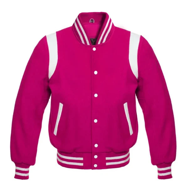 Custom Hot Pink Wool Varsity Jacket with White Shoulder Stripes