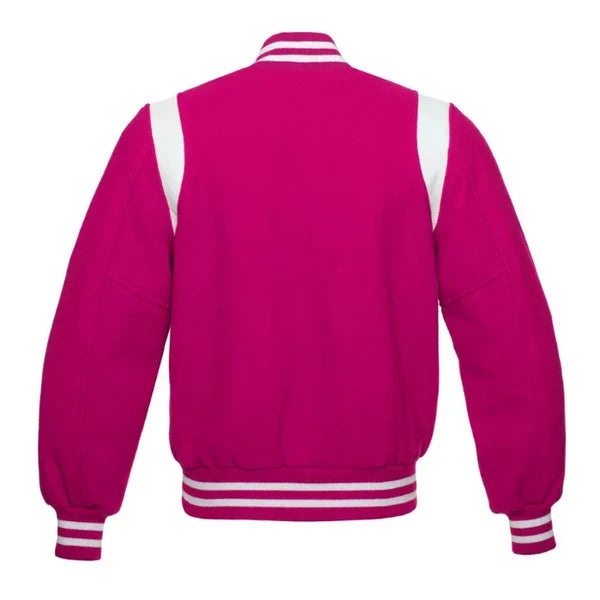 Custom Hot Pink Wool Varsity Jacket with White Shoulder Stripes