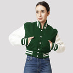 Kelly Green Crop Top Varsity Jacket with White Sleeves