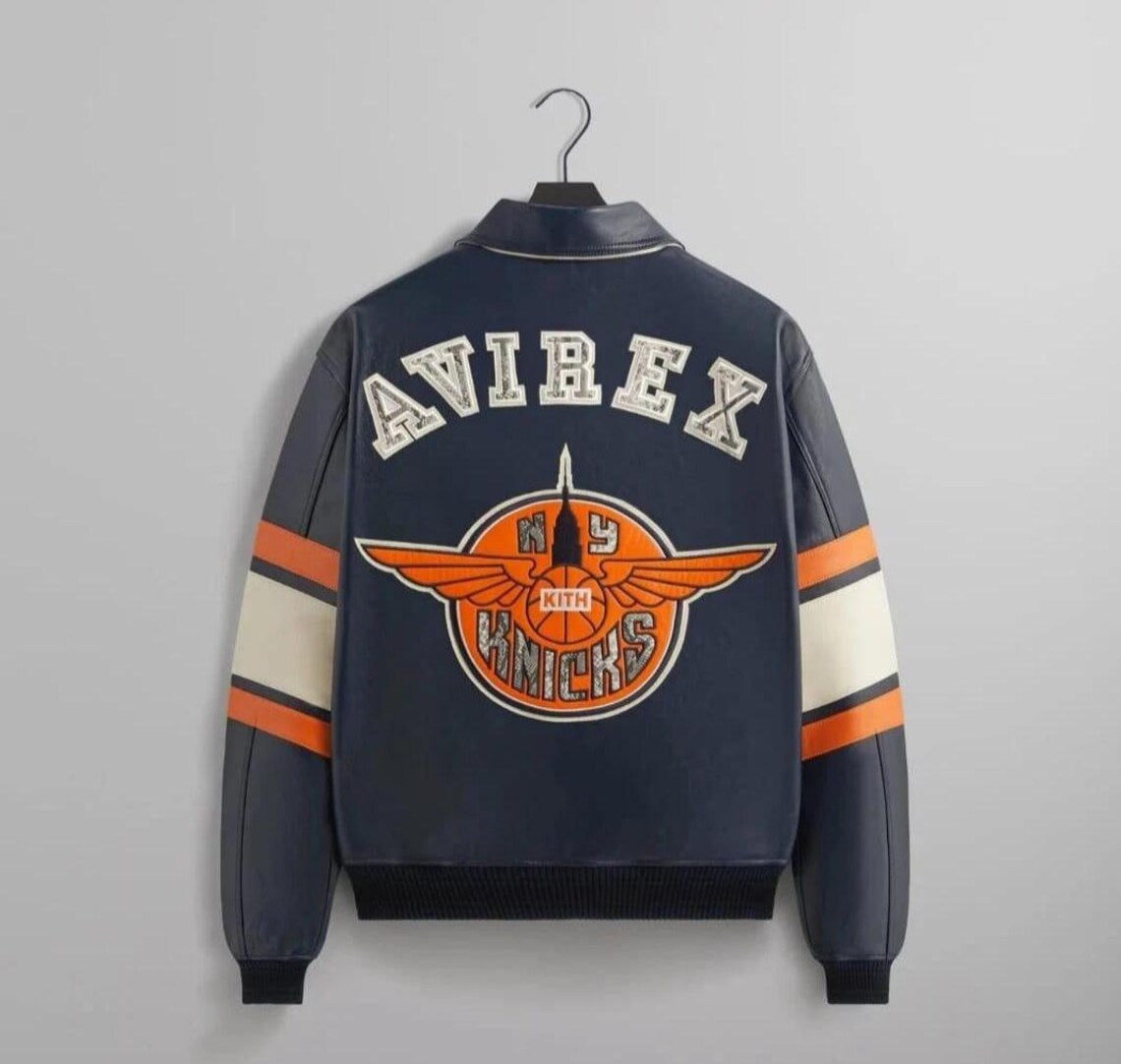 Custom Kith x Avirex New York Knicks Leather Varsity Jacket, Limited Edition Collector's Streetwear, Handmade Fashion Jacket For kith fan