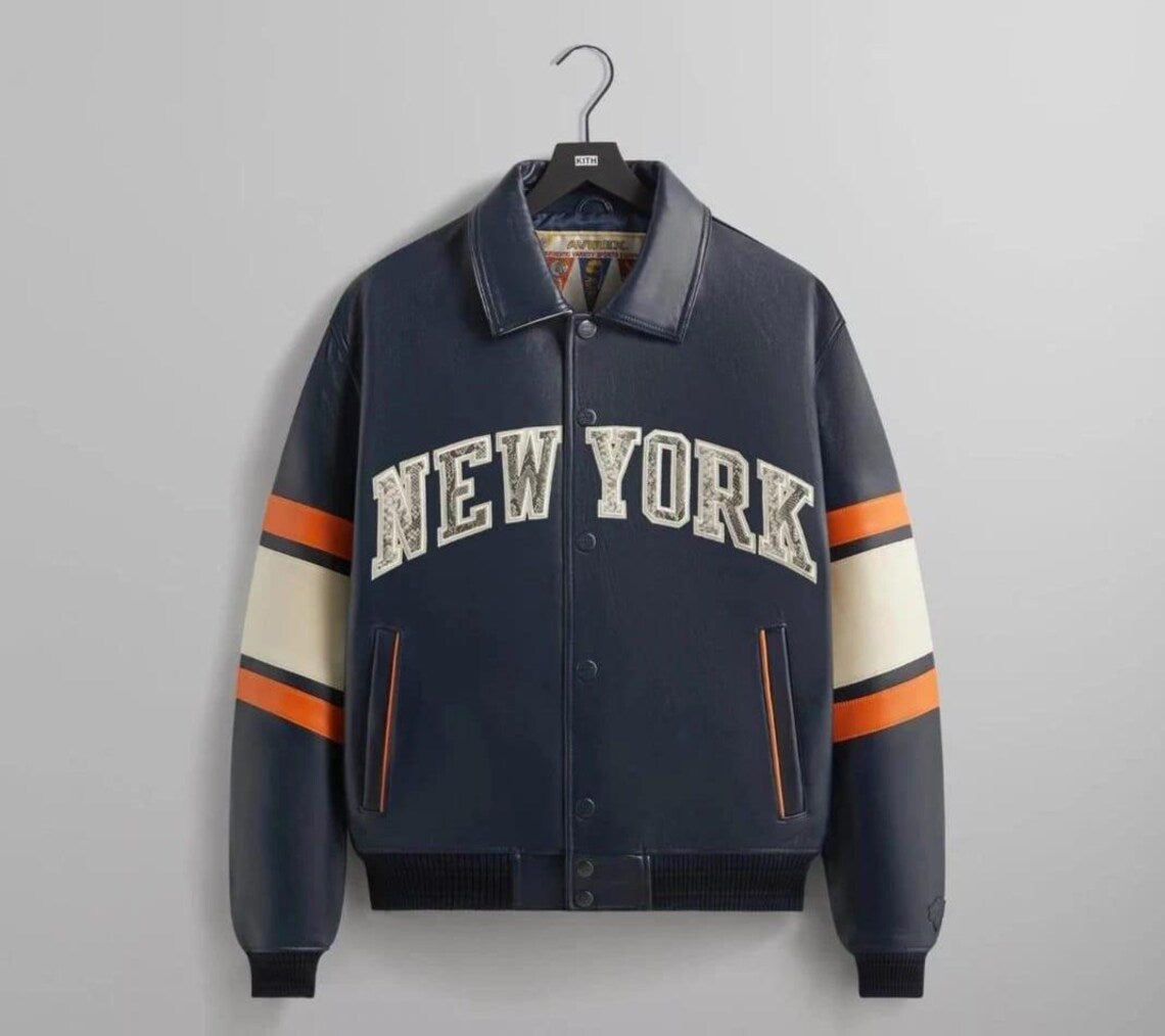 Custom Kith x Avirex New York Knicks Leather Varsity Jacket, Limited Edition Collector's Streetwear, Handmade Fashion Jacket For kith fan