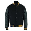Multi Trims Varsity Lettermen baseball Jacket Black Wool with Gold trim and Genuine Leather Sleeves