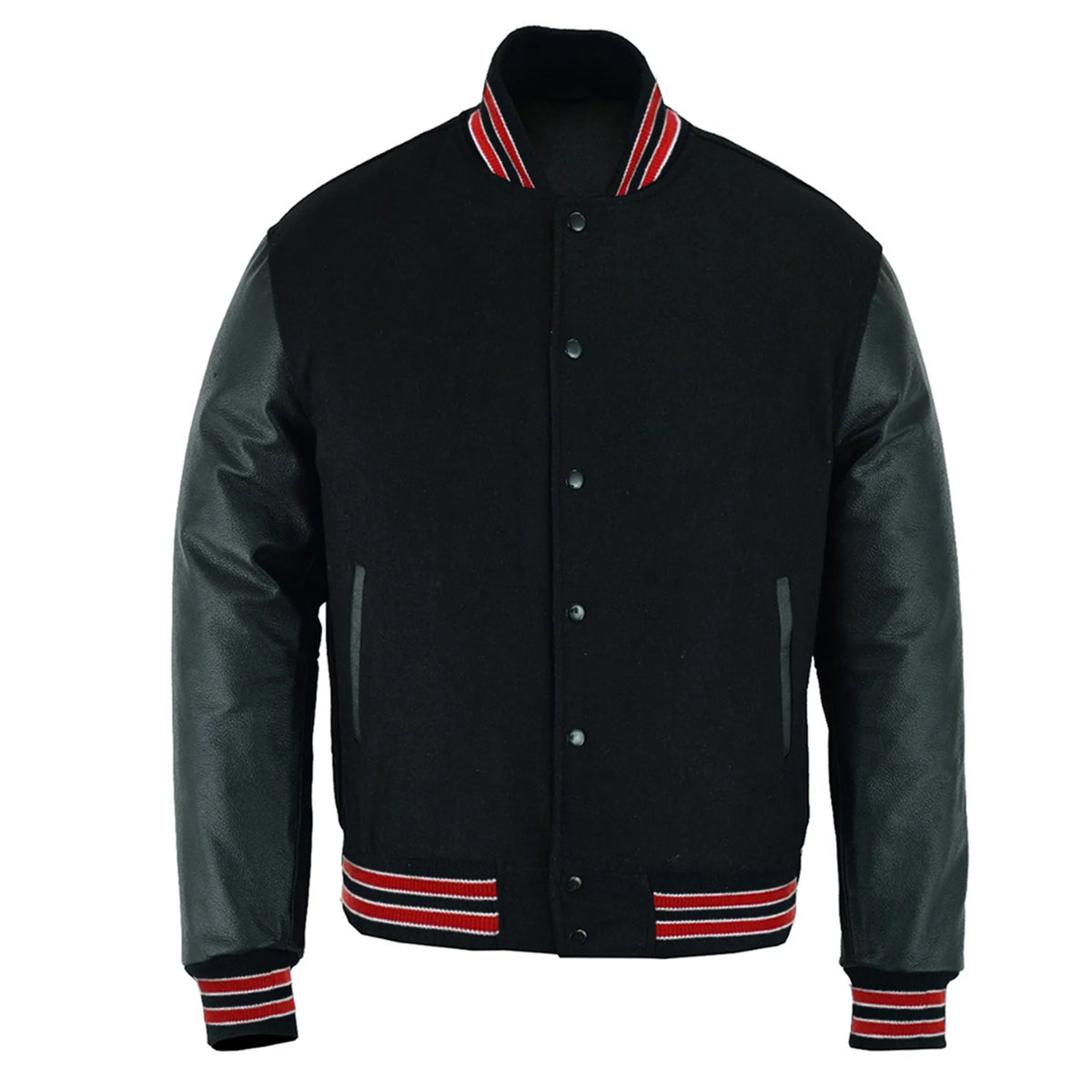 Multi Trims Varsity Lettermen baseball Jacket Black Wool with Red Trim and Genuine Leather Sleeves