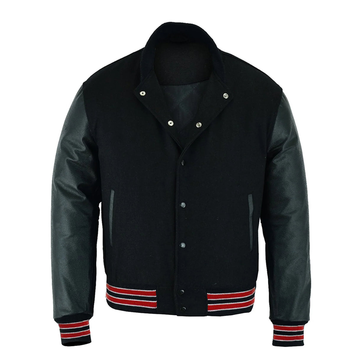 Multi Trims Varsity Lettermen baseball Jacket Black Wool with Red Trim and Genuine Leather Sleeves