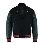 Multi Trims Varsity Lettermen baseball Jacket Black Wool with Red Trim and Genuine Leather Sleeves