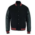 Multi Trims Varsity Lettermen baseball Jacket Black Wool with Red Trim and Genuine Leather Sleeves
