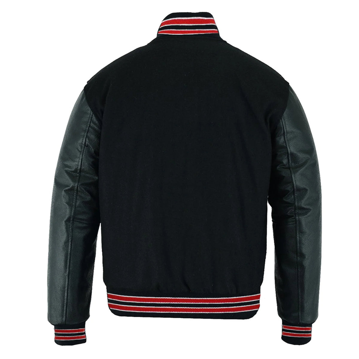 Multi Trims Varsity Lettermen baseball Jacket Black Wool with Red Trim and Genuine Leather Sleeves