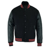 Multi Trims Varsity Lettermen baseball Jacket Black Wool with Red Trim and Genuine Leather Sleeves