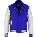 Retro Varsity Letterman Jacket Royal Wool with White Genuine Leather Sleeves and trims