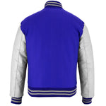 Retro Varsity Letterman Jacket Royal Wool with White Genuine Leather Sleeves and trims