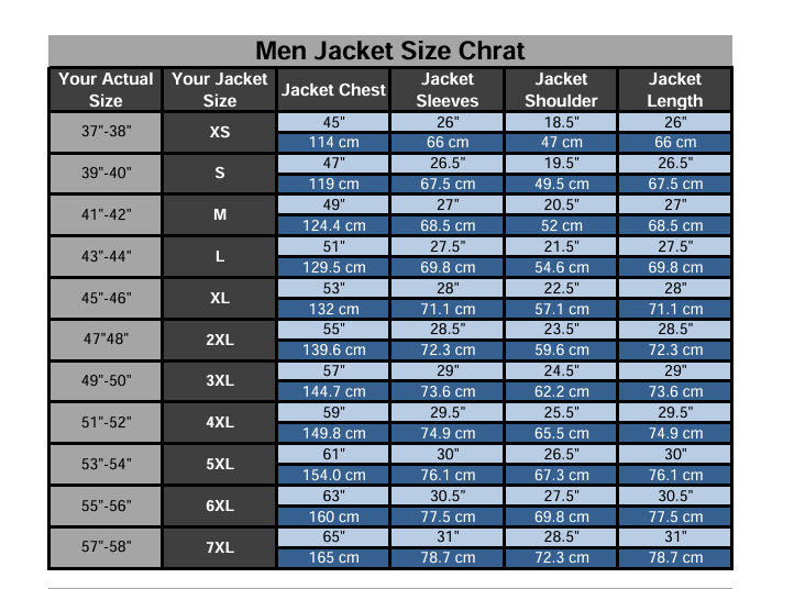 A size chart table for men's jackets titled 'Men Varsity Jacket Size Chart' with columns for actual size, jacket size, jacket chest, jacket sleeves, jacket shoulder, and jacket length, showing measurements for XS through7XL sizes.