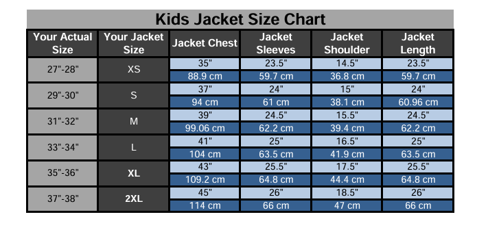 A size chart table for kid's jackets titled 'Kids Varsity Jacket Size Chart' with columns for actual size, jacket size, jacket chest, jacket sleeves, jacket shoulder, and jacket length, showing measurements for XS through7XL sizes.