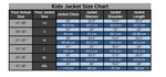 A size chart table for kid's jackets titled 'Kids Varsity Jacket Size Chart' with columns for actual size, jacket size, jacket chest, jacket sleeves, jacket shoulder, and jacket length, showing measurements for XS through7XL sizes.