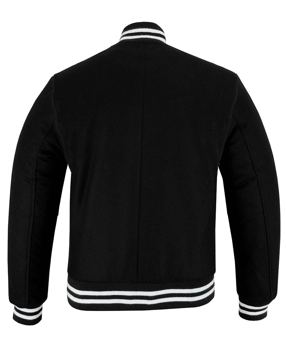 All Wool Street Style Varsity Letterman Baseball Jacket Solid Black With White Trim