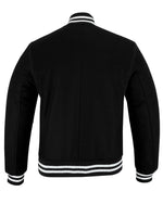 All Wool Street Style Varsity Letterman Baseball Jacket Solid Black With White Trim