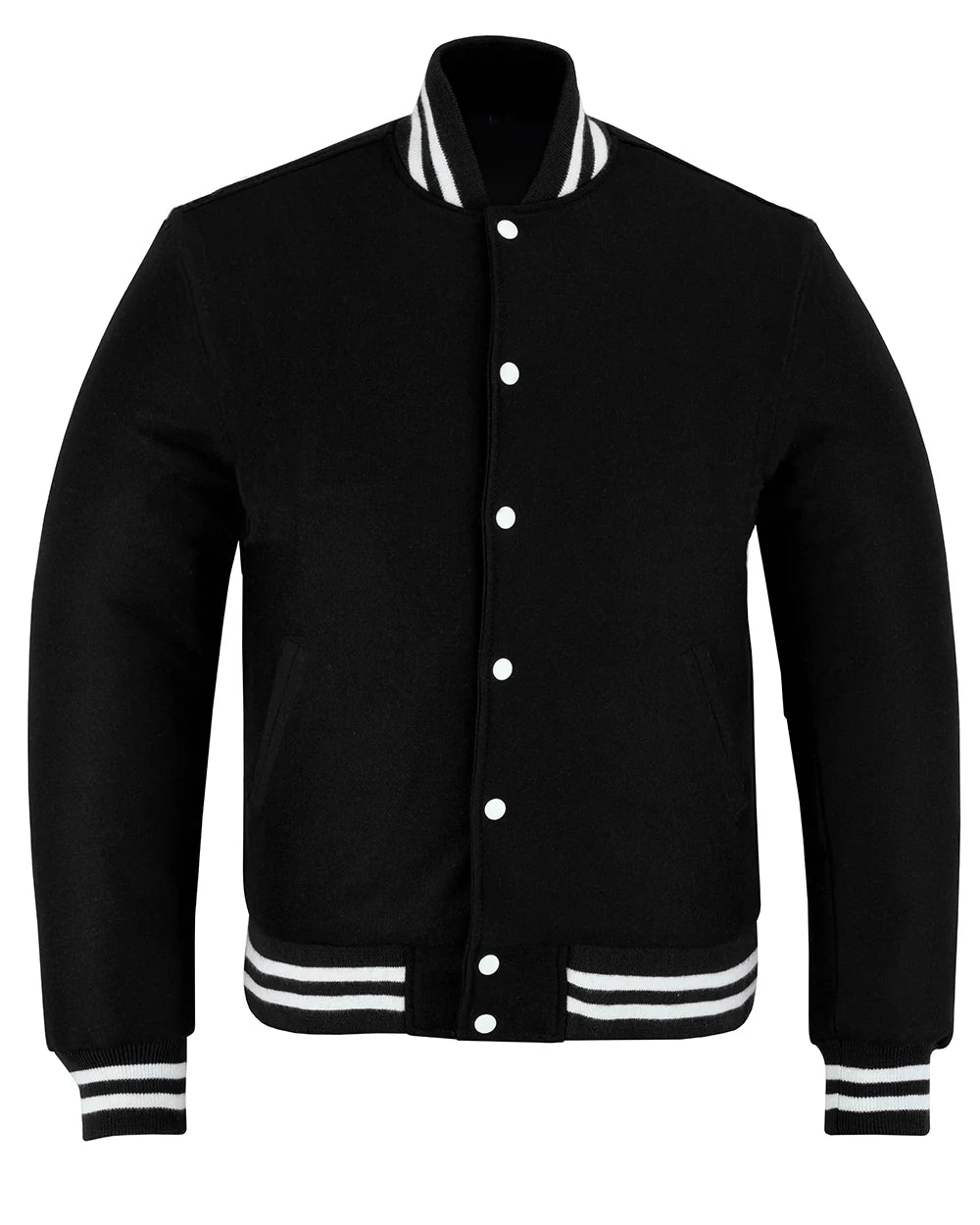 All Wool Street Style Varsity Letterman Baseball Jacket Solid Black With White Trim