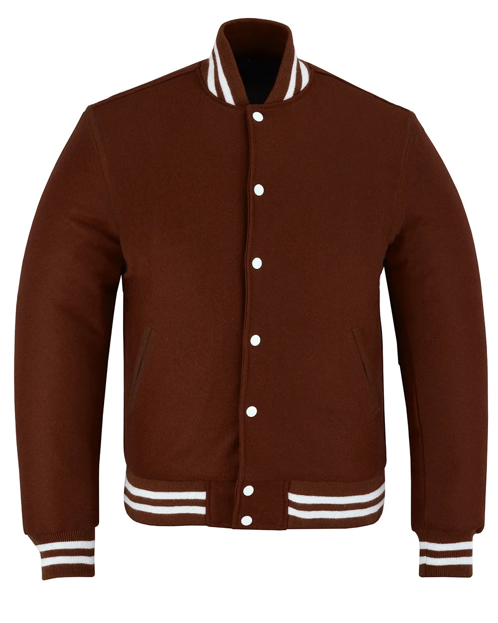 Brown Wool Vintage Style Varsity Letterman Baseball Bomber Jacket With White Trim