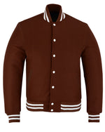 Brown Wool Vintage Style Varsity Letterman Baseball Bomber Jacket With White Trim