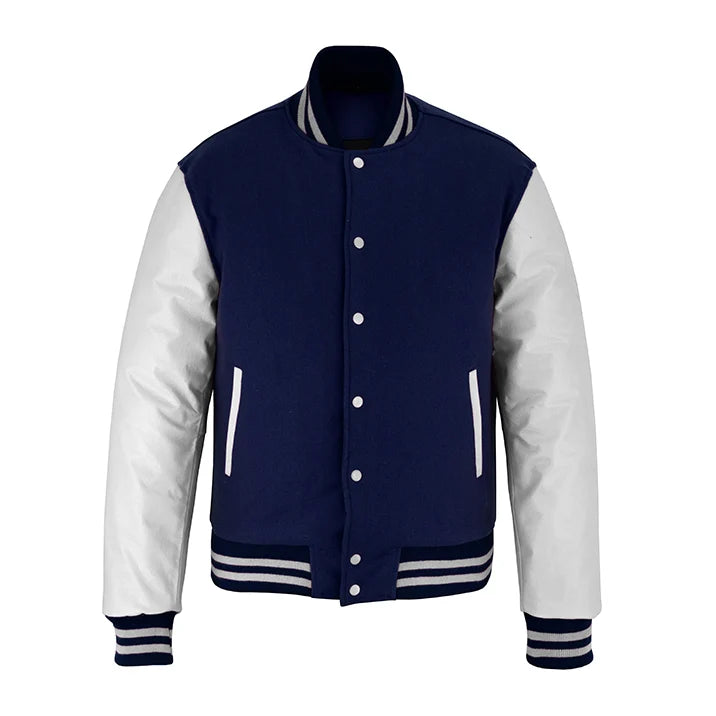 Classic Varsity Letterman Jacket Navy Blue Wool with White Genuine Leather Sleeves and trims
