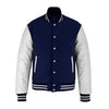Classic Varsity Letterman Jacket Navy Blue Wool with White Genuine Leather Sleeves and trims