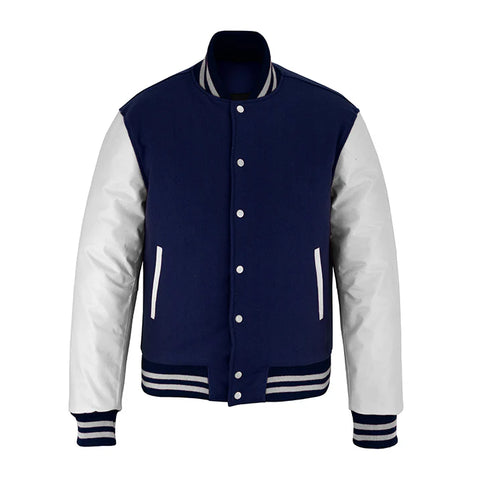 Classic Varsity Letterman Jacket Navy Blue Wool with White Genuine Leather Sleeves and trims