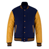 Classic Varsity Letterman Jacket Navy Blue Wool with Gold Genuine Leather Sleeves and trims
