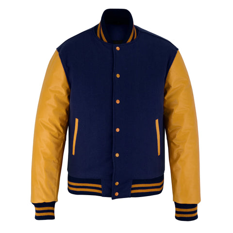 Classic Varsity Letterman Jacket Navy Blue Wool with Gold Genuine Leather Sleeves and trims