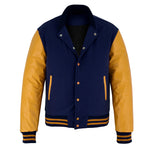 Classic Varsity Letterman Jacket Navy Blue Wool with Gold Genuine Leather Sleeves and trims