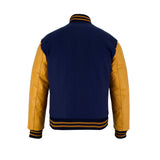 Classic Varsity Letterman Jacket Navy Blue Wool with Gold Genuine Leather Sleeves and trims