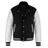 Classic Varsity Letterman Jacket Black Wool With White Genuine Leather Sleeves
