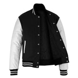 Classic Varsity Letterman Jacket Black Wool With White Genuine Leather Sleeves