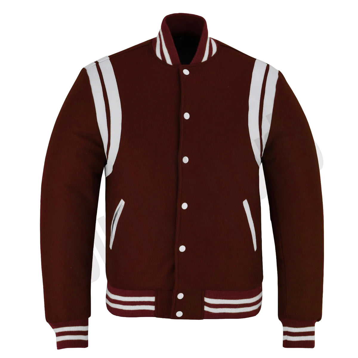 A maroon varsity jacket with white stripes on the shoulders, sleeves, and ribbed collar, cuffs, and hem, featuring a snap-button front.