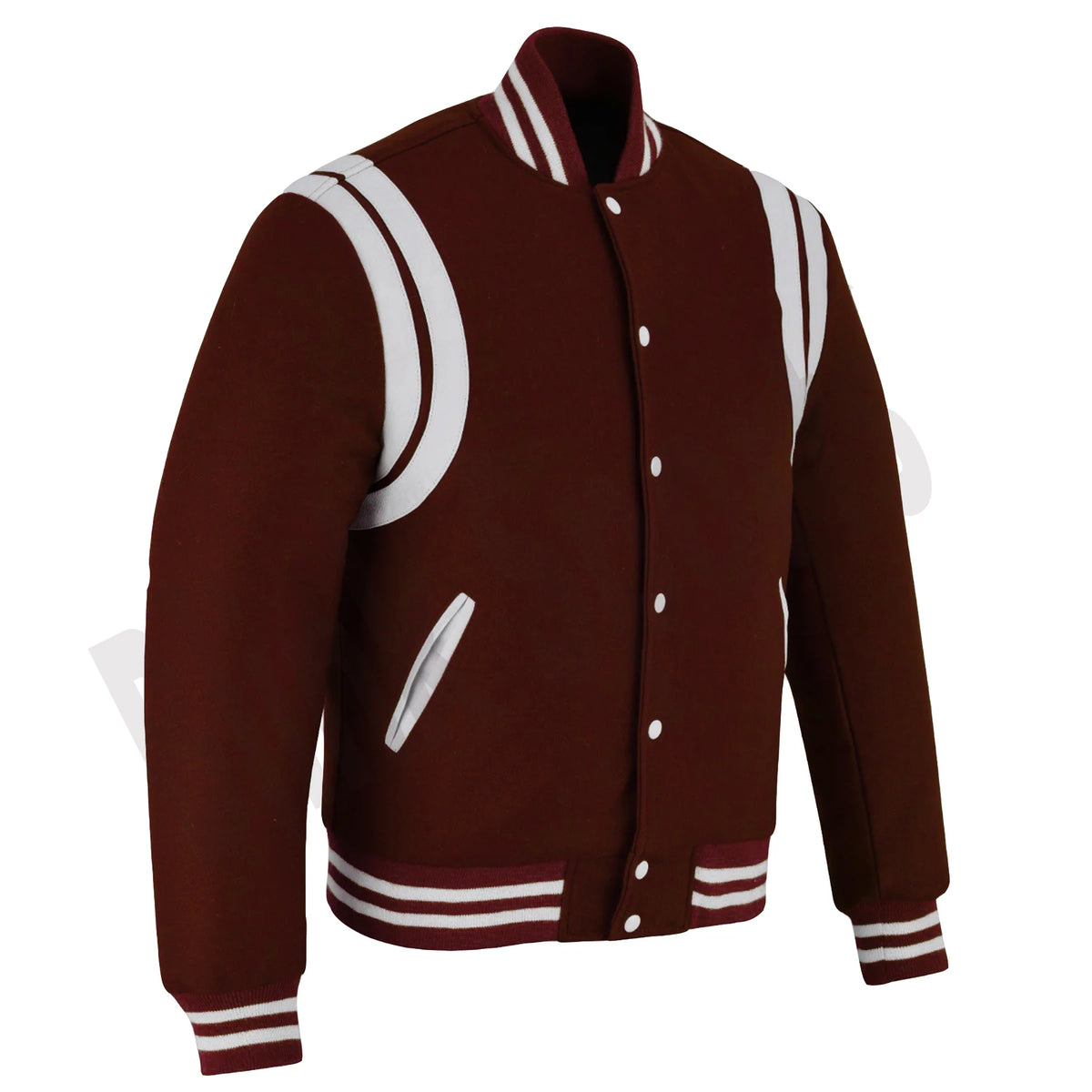 Classic Varsity Letterman Baseball College Jacket Maroon Wool with White Double Leather Strip