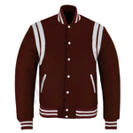 A maroon varsity jacket with white stripes on the shoulders, sleeves, and ribbed collar, cuffs, and hem, featuring a snap-button front.