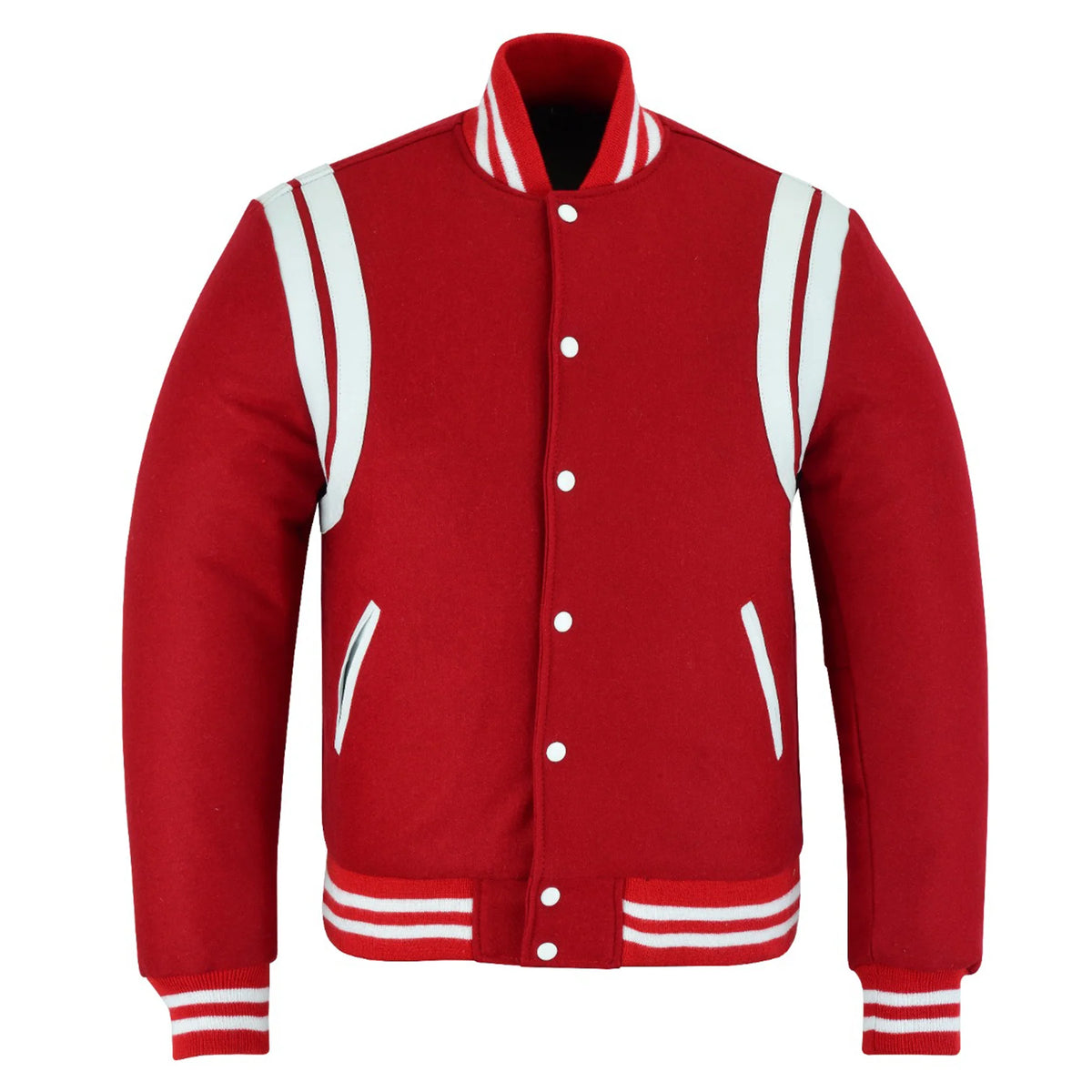 Classic Varsity Letterman Baseball College Jacket Red Wool with White Double Leather Strip