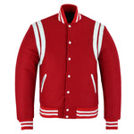 Classic Varsity Letterman Baseball College Jacket Red Wool with White Double Leather Strip